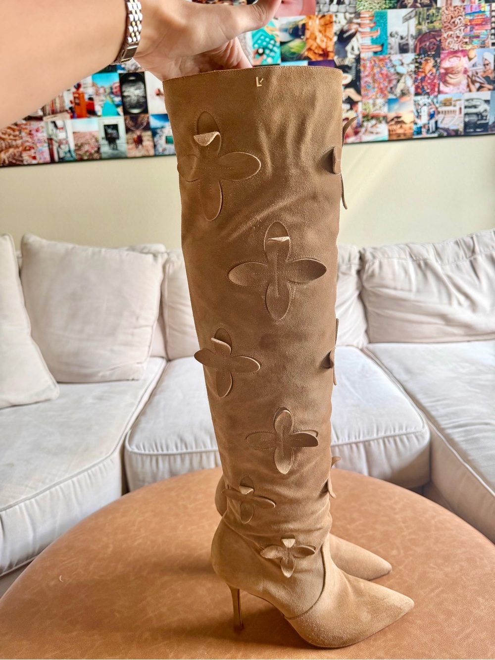 Larroude Julia Flower Embellished Suede Over the Knee Boot - Picture 2 of 15